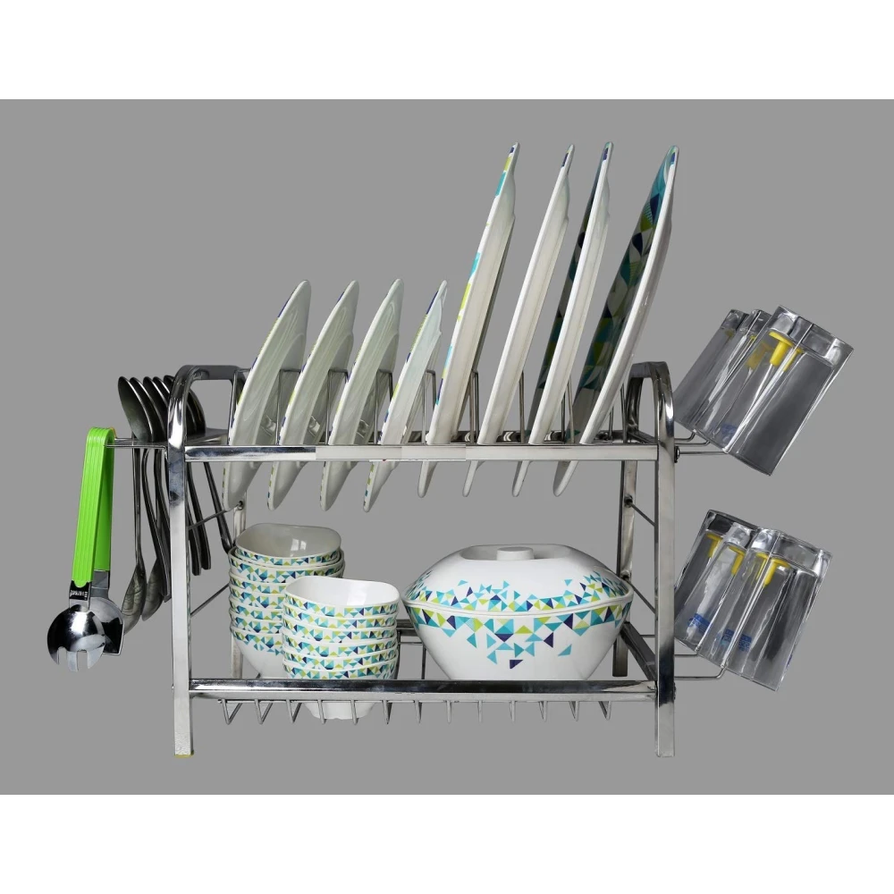 Homify 12x15 Inch Mini Wall Mount Kitchen Dish Rack | 2-Tier Stainless Steel Plate & Cutlery Stand | Compact Utensil Holder & Bartan Rack | Space-Saving Modern Storage Organizer (Silver color)
