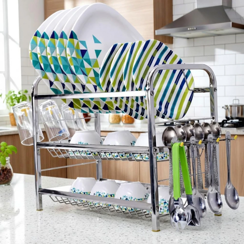 Homify 18 Inch Stainless Steel 3-Layer Wall Mount Dish Rack | Plate & Cutlery Stand | Compact Kitchen Utensil Rack for Modular Kitchens | Rust-Proof, Space Saving Bartan Stand (15 x 18 Inch, Silver)