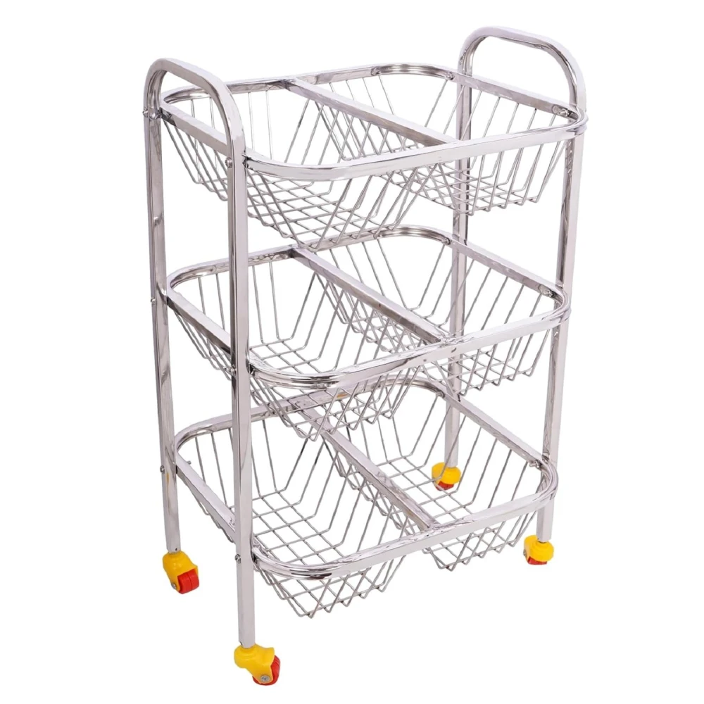 Palomino 3 Layer Stainless Steel Fruit & Vegetable Kitchen Trolley | Vegetable Basket | Fruit Basket | Vegetable Stand for Kitchen Storage | Onion Potato Rack for Kitchen (SUPERDLX-3SHELF, 3 Shelf)