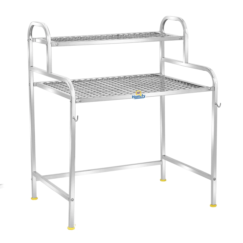 Homify Kitchen Microwave Shelf, Microwave Stand Kitchen Counter Shelf Organizer, Spicy Shelf Rack Toaster Organizer, Microwave Oven Rack, 2 Tiers with 2 Hooks (74 x 44 x 8 cm)