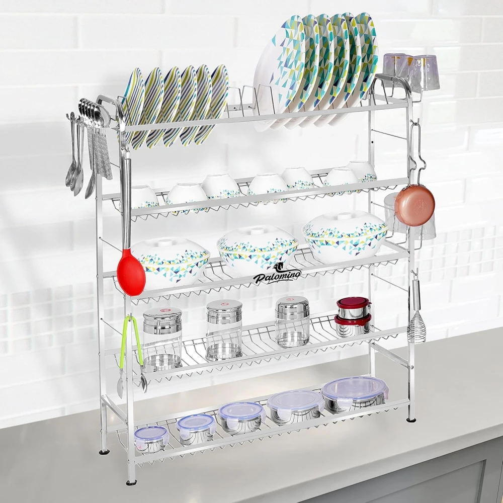 Homify 5 Layer Shelf Wall Mount Kitchen Utensils Dish Rack | Stainless Steel Stand | Kitchen Organizer | Utensils Rack with Plate & Cutlery Stand (Opal 36 * 30 in, Tiered Shelf)