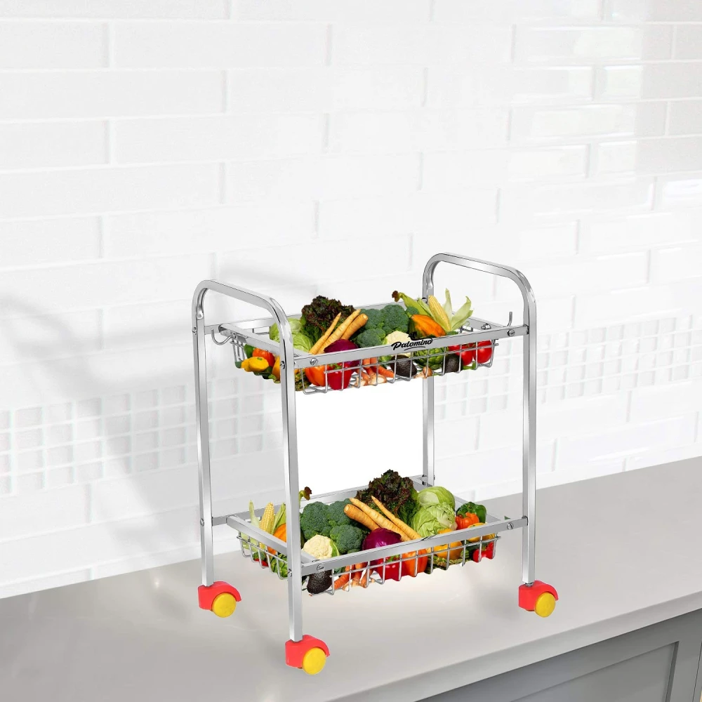 Homify Fruits/Vegetables Kitchen Rack 2 Step Fruit and Vegetable Rack Stainless Steel Kitchen Trolley (Rectangle, 2 Tier)