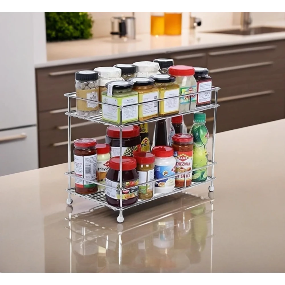 Palomino Stainless Steel 2-Tier Spice Rack for Kitchen Trolley Basket, Storage Racks & Shelves, Space Saver, 2.0 Rack (Silver, Tiered Shelf)