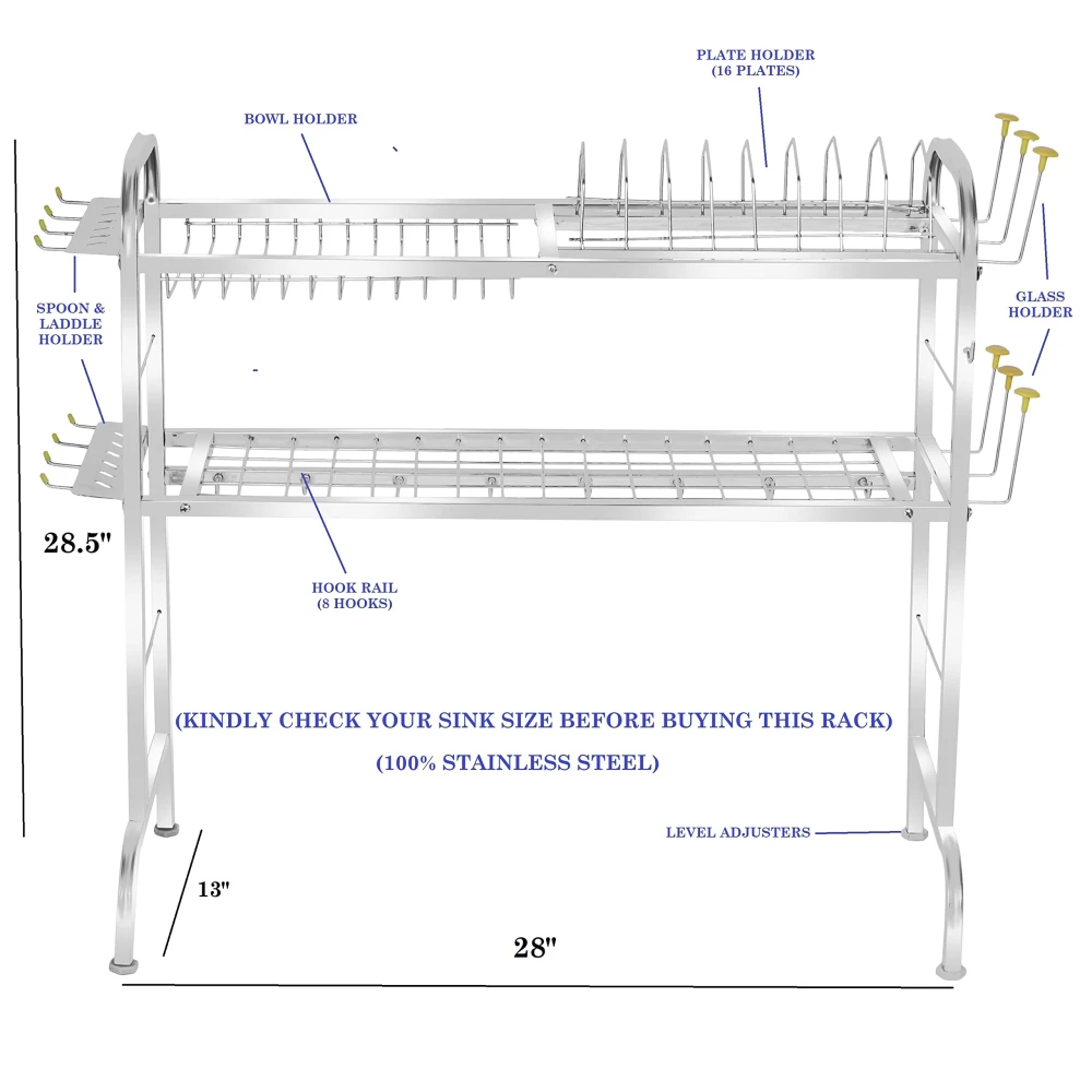 Palomino Stainless Steel Over The Sink Dish Drying Rack 28 Inch - 2-Tier Utensil Holder for Kitchen Counter Top - Standing Shelf for Organization (2 Shelf) - Countertop, 32D x 70W x 72H cm