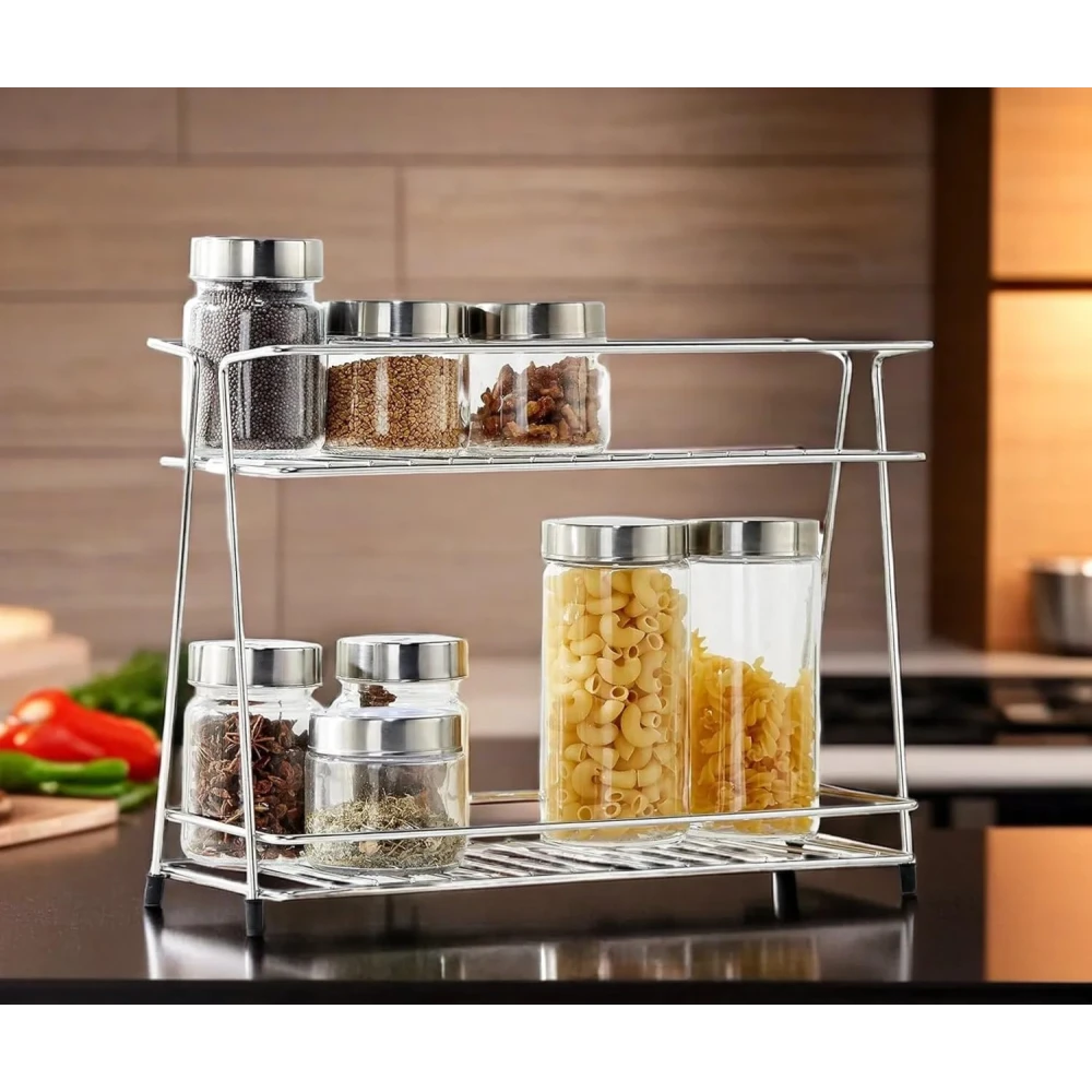 Homify Stainless Steel 2 Layer Spice Rack | Modular Kitchen Storage Organizer | Multipurpose Shelf for Countertop, Tabletop | Tiered Silver Rack