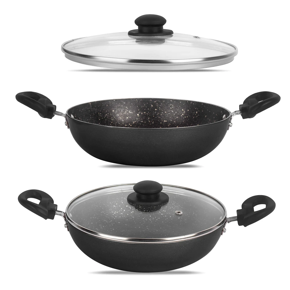 Palomino Heavy Duty Non-Stick Deep Kadhai 3mmThickness Non-Stick Cookware with Glass Lid (24 cm,Pack of 1)