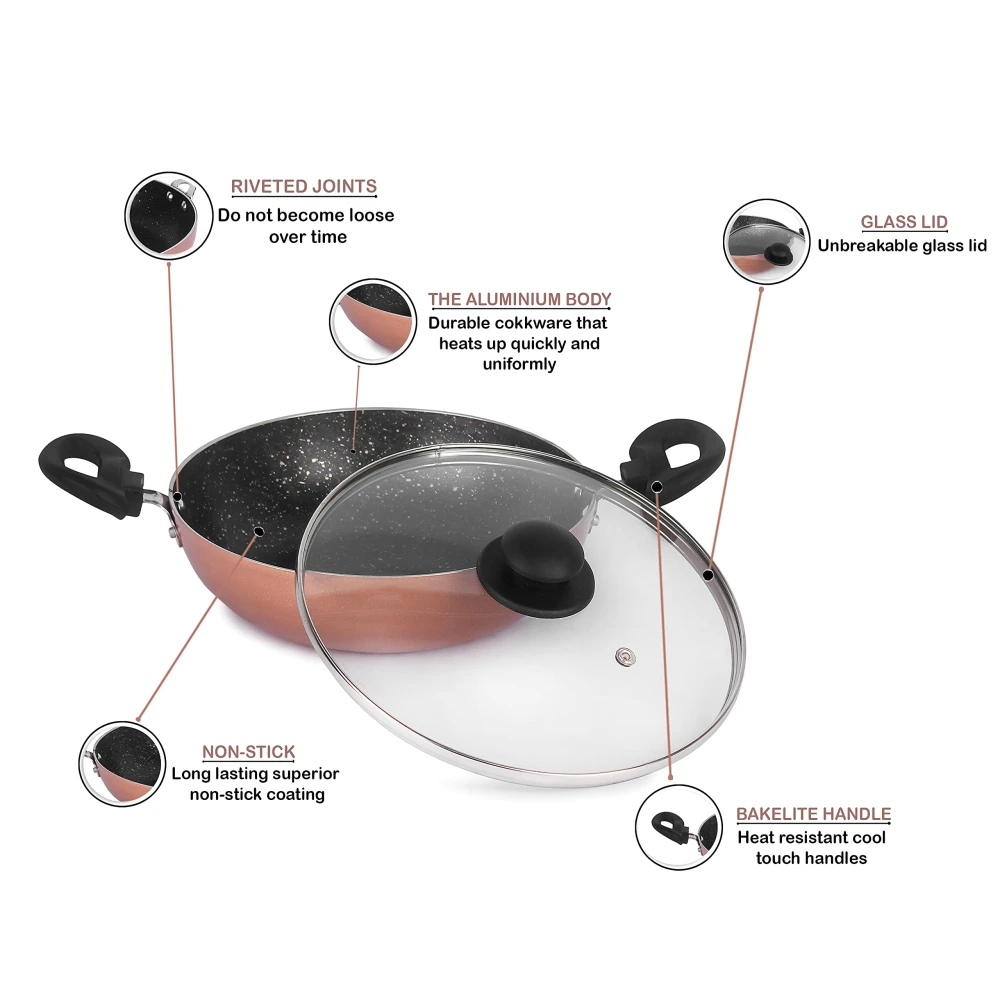 Palomino Non-Stick Aluminium Cookware Set of Fry Pan, Tawa/Griddle and Kadhai/Wok with Glass Lid (Copper-Color, Set of 4, Non- Induction Base)
