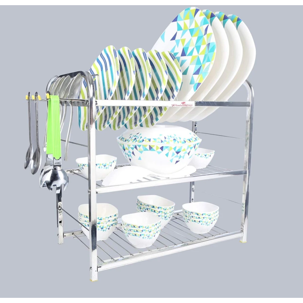 Palomino Stainless Steel 3 Layer Kitchen Dish Rack Plate Cutlery Stand - 18 x 18 inch