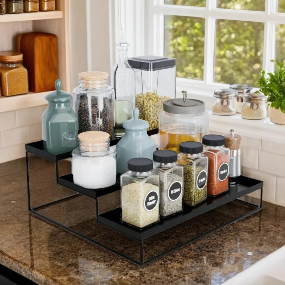 Homify 3-Step Countertop Spice Rack & Utensil Organizer | Multipurpose Kitchen Storage Stand for Jars, Condiments, Bottles & Containers | No Assembly Needed | Rust-Resistant Metal (31x29x12 cm)