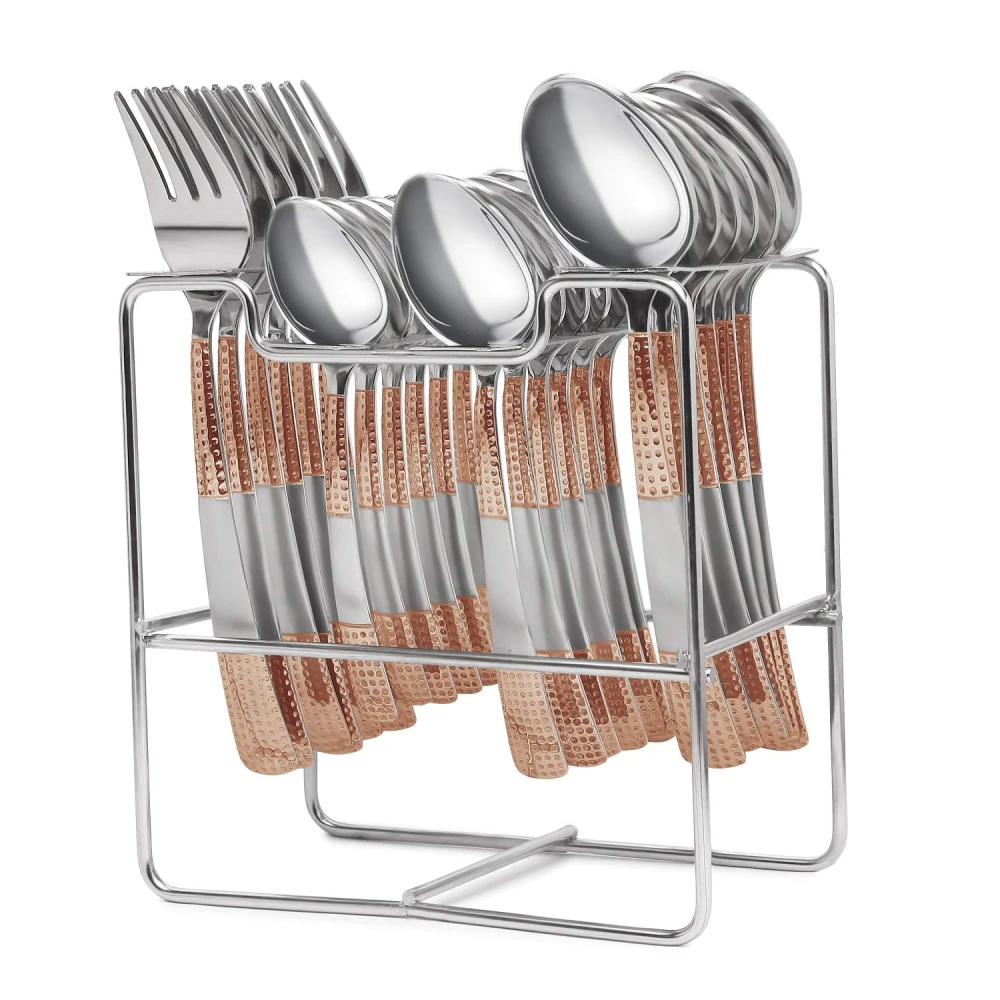 Palomino World Class 24 Pcs Cutlery Set with Stand [Content : 6 Pcs Dinner Spoon, 6 Pcs Dinner Fork, 6 Pcs Desert Spoon, 6 Pcs Tea Spoon and 1 Pcs Stand| Stainless Steel Cutlery Set (Pack of 25)