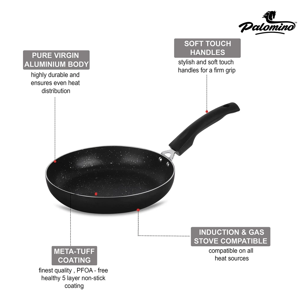 Palomino Induction Base Non-Stick Aluminium Cookware Set of Fry Pan, Tawa/Griddle and Kadhai/Wok with Glass Lid (Black, Set of 4)