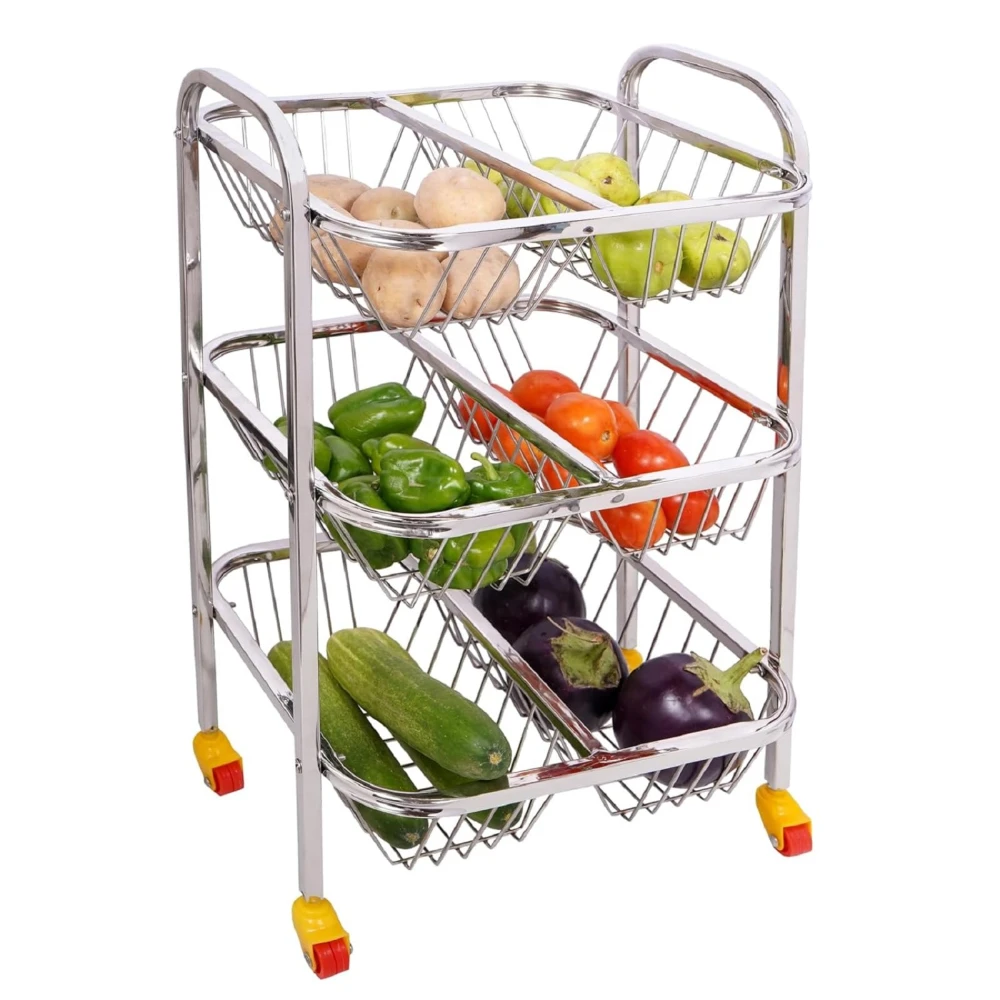 Palomino 3 Layer Stainless Steel Fruit & Vegetable Kitchen Trolley | Vegetable Basket | Fruit Basket | Vegetable Stand for Kitchen Storage | Onion Potato Rack for Kitchen (SUPERDLX-3SHELF, 3 Shelf)