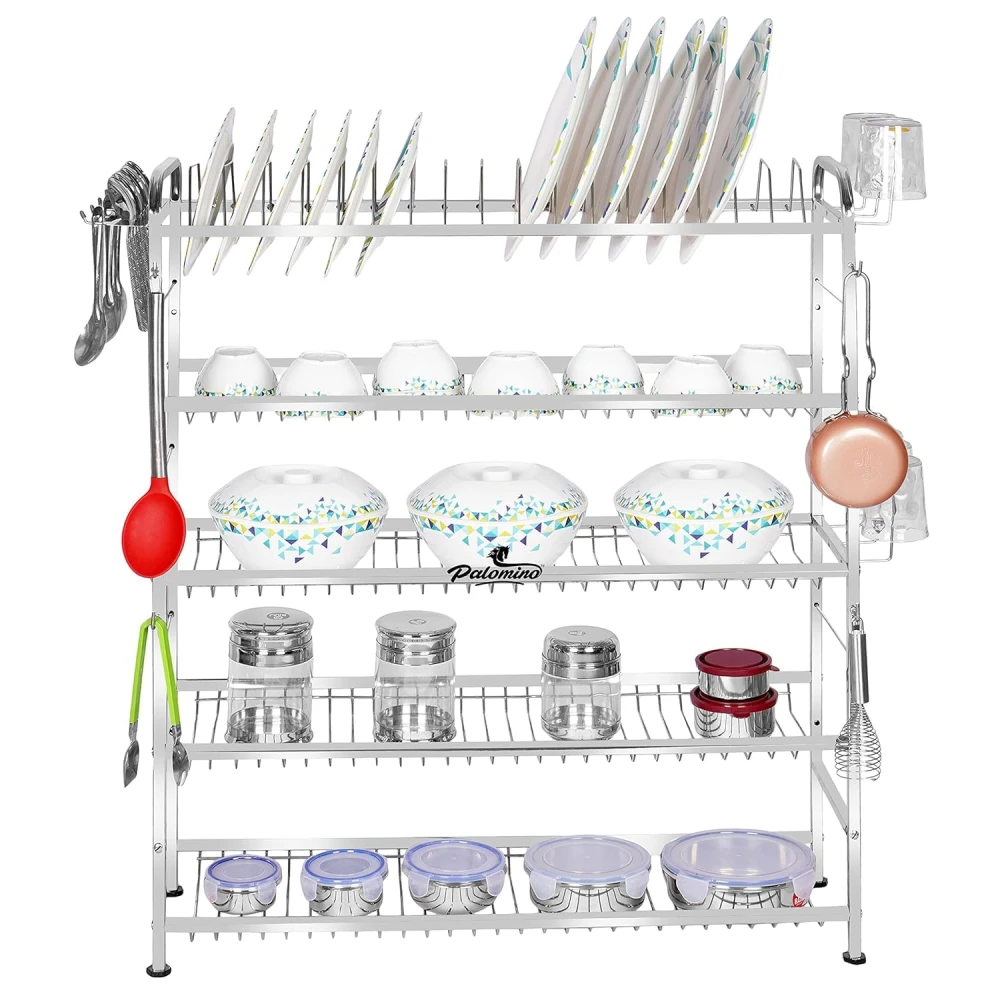 Homify 5 Layer Shelf Wall Mount Kitchen Utensils Dish Rack | Stainless Steel Stand | Kitchen Organizer | Utensils Rack with Plate & Cutlery Stand (Opal 36 * 30 in, Tiered Shelf)