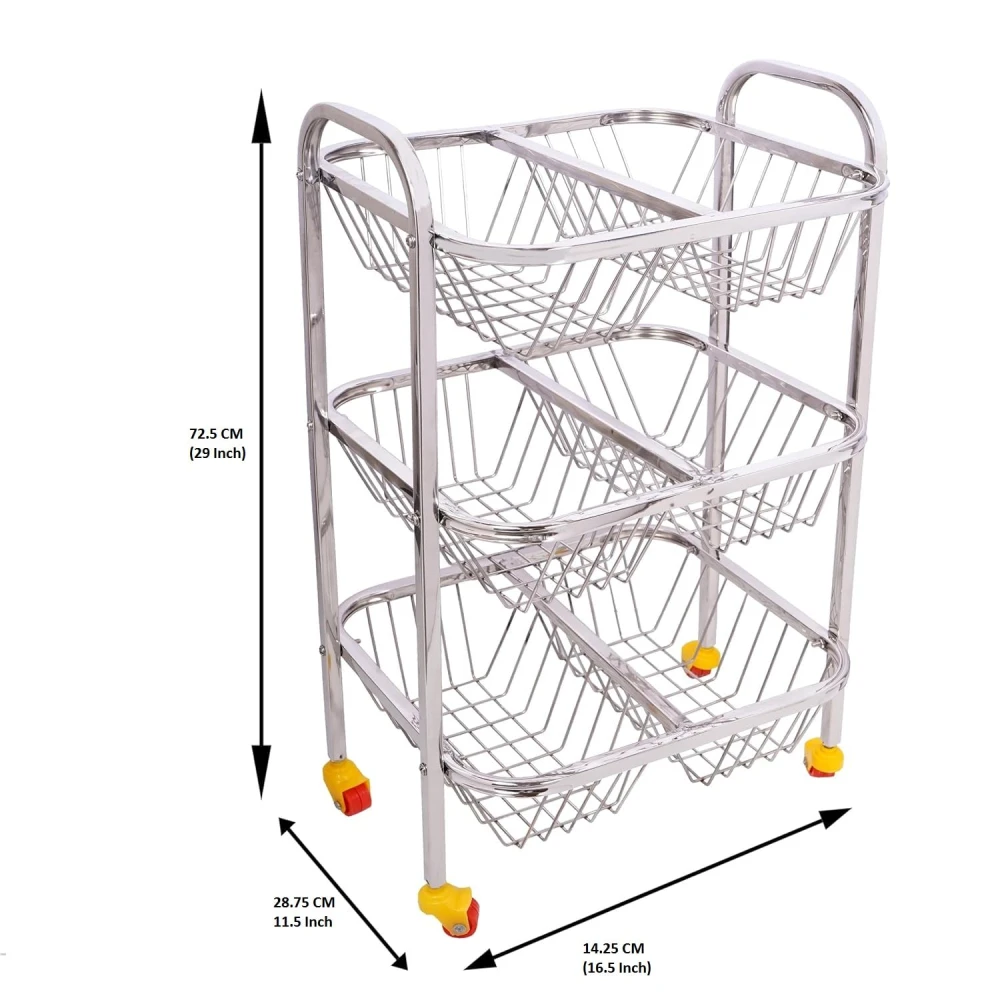 Palomino 3 Layer Stainless Steel Fruit & Vegetable Kitchen Trolley | Vegetable Basket | Fruit Basket | Vegetable Stand for Kitchen Storage | Onion Potato Rack for Kitchen (SUPERDLX-3SHELF, 3 Shelf)