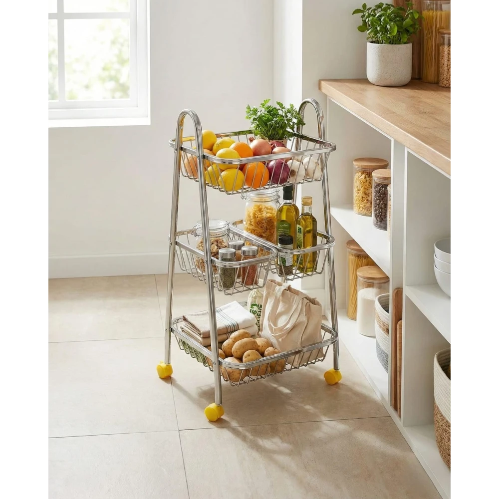 Palomino Stainless Steel Fruit & Vegetable Kitchen Trolley | Vegetable Basket | Fruit Basket | Vegetable Stand for Kitchen Storage | Onion Potato Rack for Kitchen (PYRAMID-3SHELF, 3 Shelf)