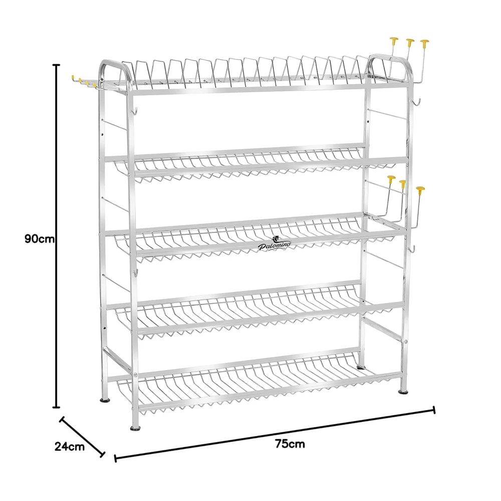 Palomino 5 Layer Shelf Wall Mount Kitchen Utensils Dish Rack | Stainless Steel Stand | Kitchen Organizer | Utensils Rack with Plate & Cutlery Stand (Opal 36 * 30 in, Tiered Shelf)