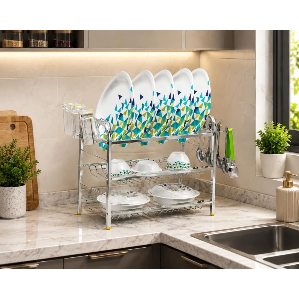 Homify 3-Tier Dish Drying Rack, Stainless Steel, with Cutlery Holder and Side Hooks, Rust Resistant Kitchen Organiser