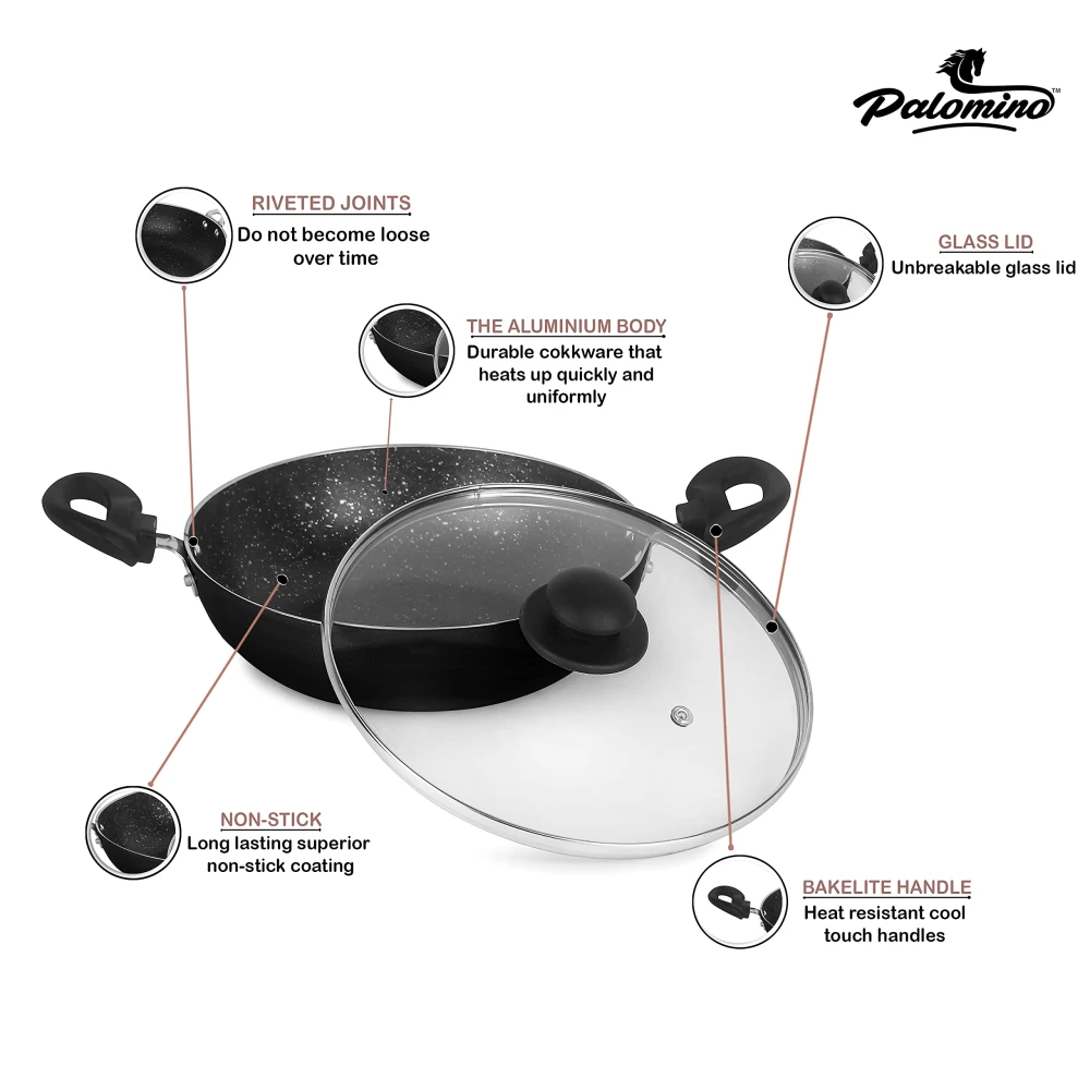 Palomino Induction Base Non-Stick Aluminium Cookware Set of Fry Pan, Tawa/Griddle and Kadhai/Wok with Glass Lid (Black, Set of 4)