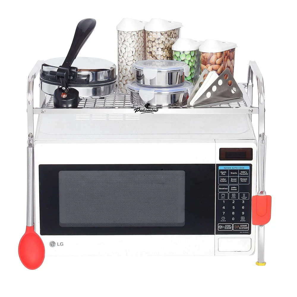 Palomino Kitchen Microwave Shelf, Microwave Stand Kitchen Counter Shelf Organizer, Spicy Shelf Rack Toaster Organizer, Microwave Oven Rack, 1 Tiers with 2 Hooks (58 x 38 x 8 cm)
