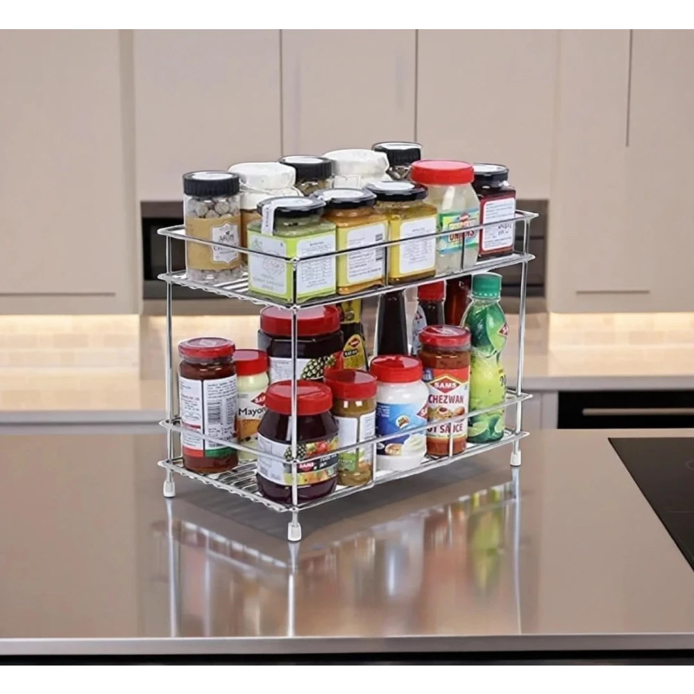 Palomino Stainless Steel 2-Tier Spice Rack for Kitchen Trolley Basket, Storage Racks & Shelves, Space Saver, 2.0 Rack (Silver, Tiered Shelf)