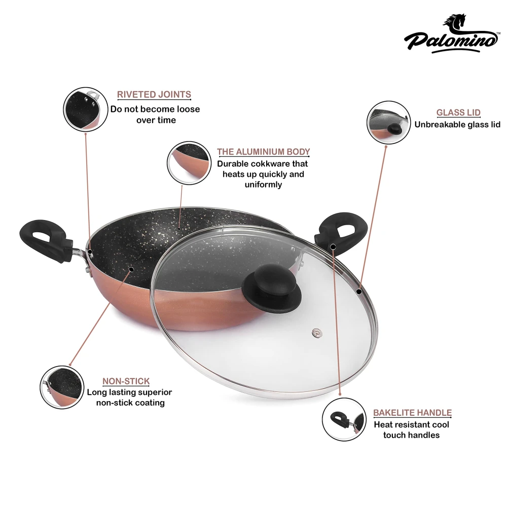 Palomino Induction Base Non-Stick Aluminium Cookware Set of Fry Pan, Tawa/Griddle and Kadhai/Wok with Glass Lid (Copper-Color, Set of 4)