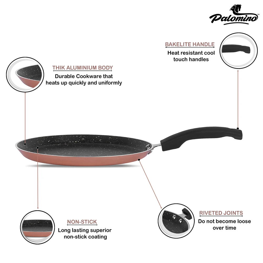 Palomino Induction Base Non-Stick Aluminium Cookware Set of Fry Pan, Tawa/Griddle and Kadhai/Wok with Glass Lid (Copper-Color, Set of 4)