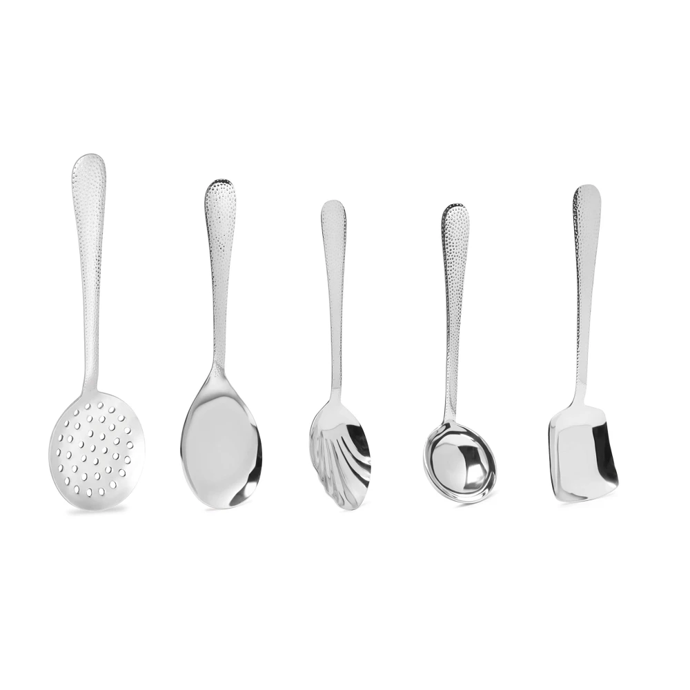 Palomino Kitchen Tool Stainless Steel Cooking and Serving Spoon Set 5 Pcs | Non-Stick Ladle, Skimmer, Solid Spoon, Rice Server and Slotted Turner/Spatula for Cooking/Frying - 5Pcs