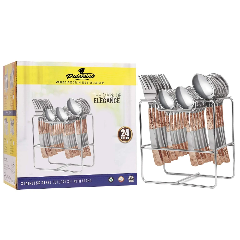 Palomino World Class 24 Pcs Cutlery Set with Stand [Content : 6 Pcs Dinner Spoon, 6 Pcs Dinner Fork, 6 Pcs Desert Spoon, 6 Pcs Tea Spoon and 1 Pcs Stand| Stainless Steel Cutlery Set (Pack of 25)