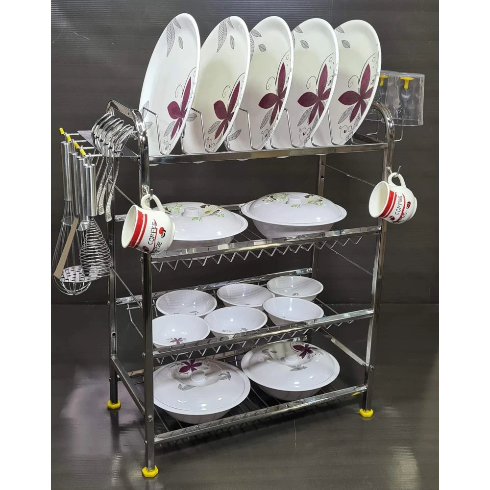 Homify 4-Tier Stainless Steel Wall Shelf | Mounted Dish & Utensil Holder with Plate and Cutlery Stand | Modular Storage for Kitchen (27 x 21 Inches)