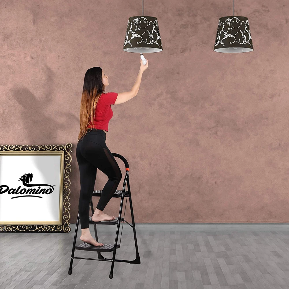 Palomino Black Heavy Duty Folding 3.1 Ft Stepladders with Wide 3 Steps Ladder Sidhi (Make in India)-Black