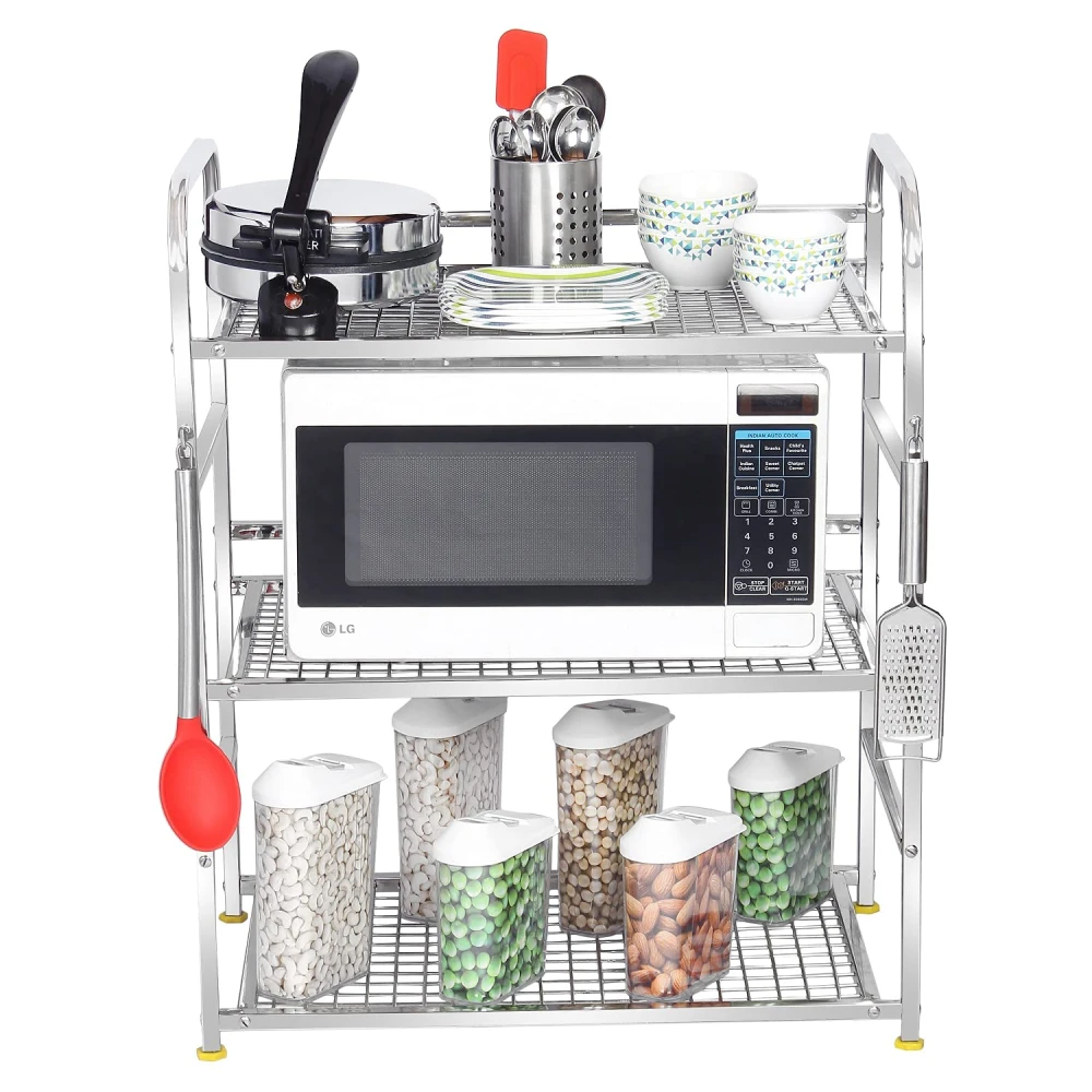 Homify Kitchen Microwave Shelf, Microwave Stand Kitchen Counter Shelf Organizer, Spicy Shelf Rack Toaster Organizer, Microwave Oven Rack, 3 Tiers with 2 Hooks (75 x 38 x 11 cm)