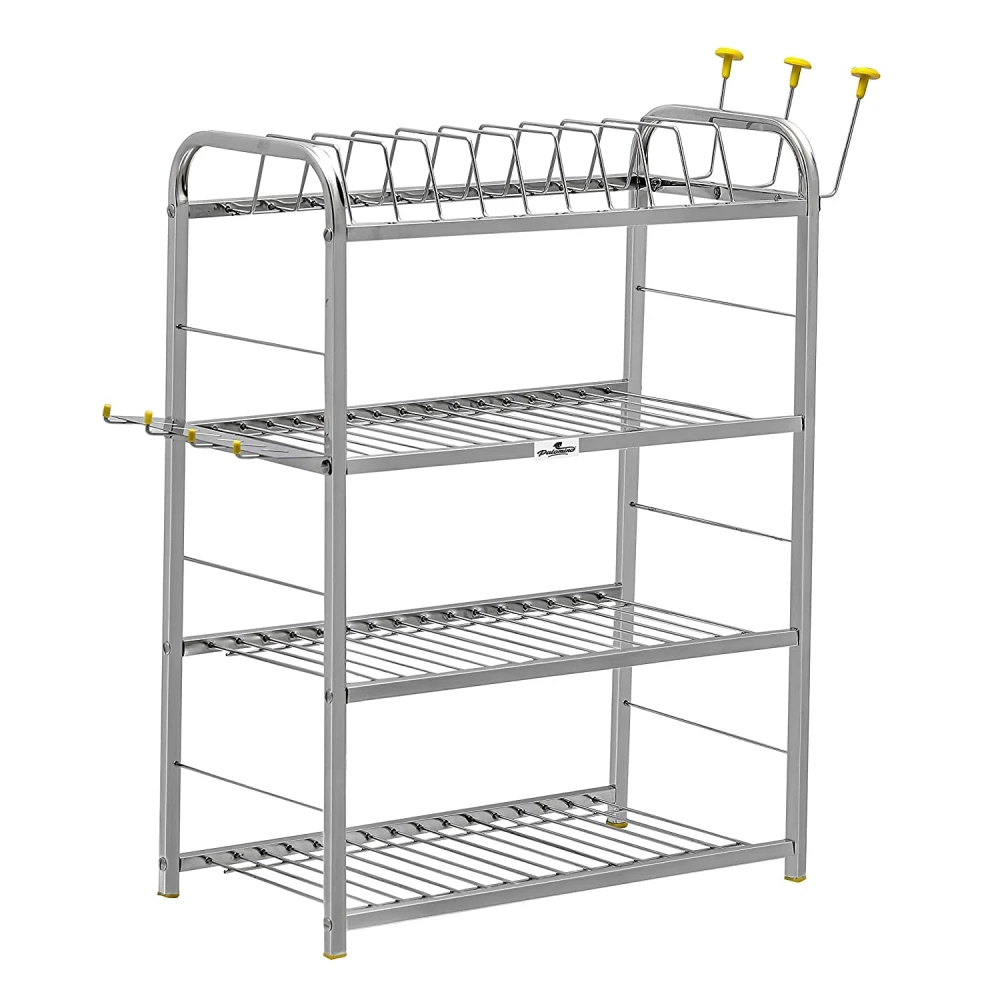 Homify 4-Layer Stainless Steel Wall Mount Kitchen Dish Rack | 24x18 Inch Plate & Cutlery Stand | Modular Kitchen Organizer | Rust-Proof Utensil Storage Rack | Space Saving Bartan Stand (Silver)
