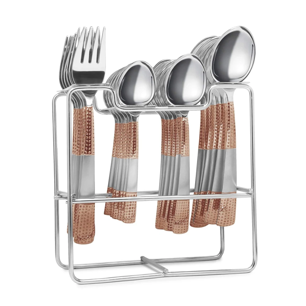 Palomino World Class 24 Pcs Cutlery Set with Stand [Content : 6 Pcs Dinner Spoon, 6 Pcs Dinner Fork, 6 Pcs Desert Spoon, 6 Pcs Tea Spoon and 1 Pcs Stand| Stainless Steel Cutlery Set (Pack of 25)