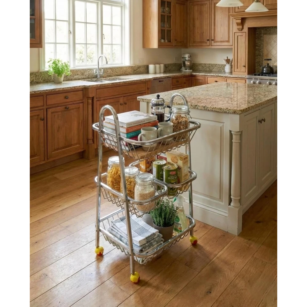 Homify Premium 3-Tier Stainless Steel Kitchen Trolley with Wheels – Rolling Fruit & Vegetable Storage Cart – Multipurpose Stainless Steel Basket Organizer Rack for Pantry, Kitchen