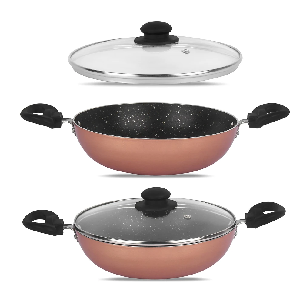 Palomino Heavy Duty Non-Stick Deep Kadhai 3mmThickness Non-Stick Cookware with Glass Lid (24 cm,Pack of 1 Non-Induction Base)