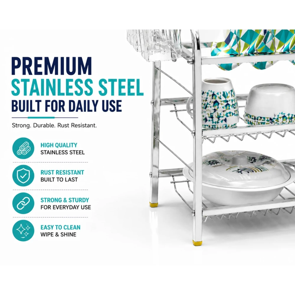 Palomino Stainless Steel Dish Drying Rack for Kitchen Counter | 3 Tier Utensil Organizer with Cutlery Holder & Side Hooks | Rust Resistant Dish Drainer Stand for Plates, Bowls & Cups