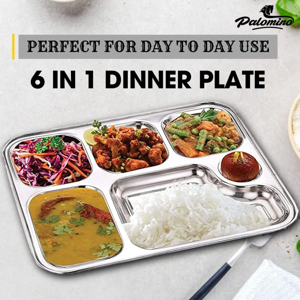 Palomino 6 in 1 Stainless Steel Plates with Compartments | Tiffin Plates | Idli Sambhar Plates | Partition Plates | Breakfast Plate | Steel Plates for Lunch/Dinner