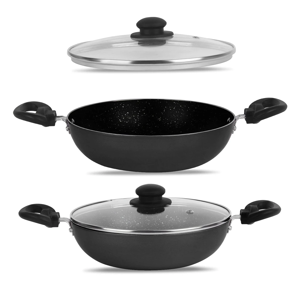 Palomino Heavy Duty Non-Stick Deep Kadhai 3mmThickness Non-Stick Cookware with Glass Lid (24 cm,Pack of 1 Non-Induction Base)