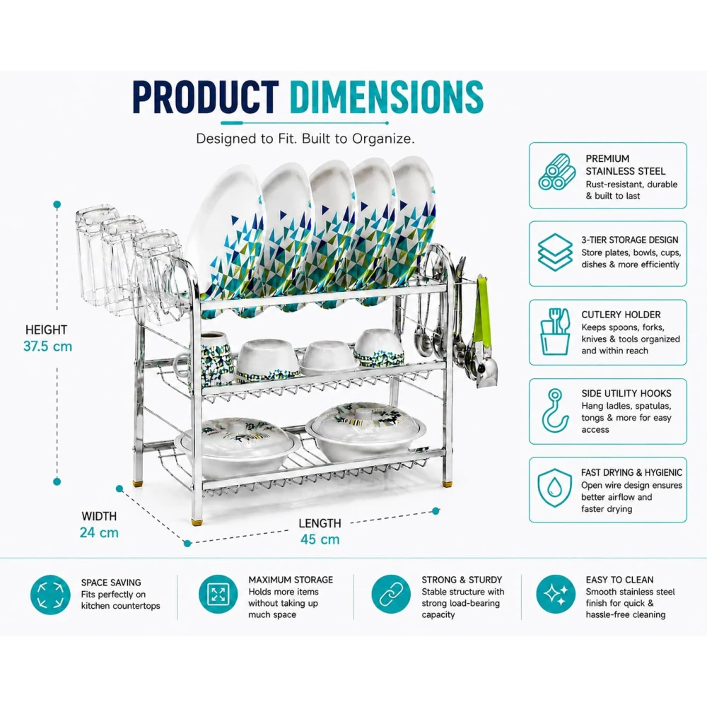 Homify 3-Tier Dish Drying Rack, Stainless Steel, with Cutlery Holder and Side Hooks, Rust Resistant Kitchen Organiser