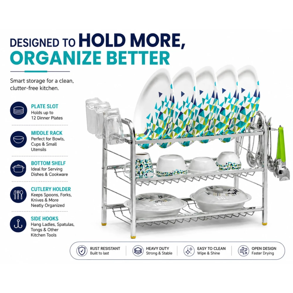 Homify 3-Tier Dish Drying Rack, Stainless Steel, with Cutlery Holder and Side Hooks, Rust Resistant Kitchen Organiser