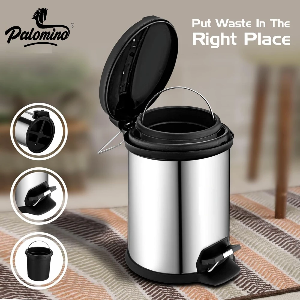 Palomino Stainless Steel Plain Pedal Dustbin with Lid And Bucket| Trash Can for Home, Bathroom, Outdoor, Indoor, Kitchen, Bedroom, Office