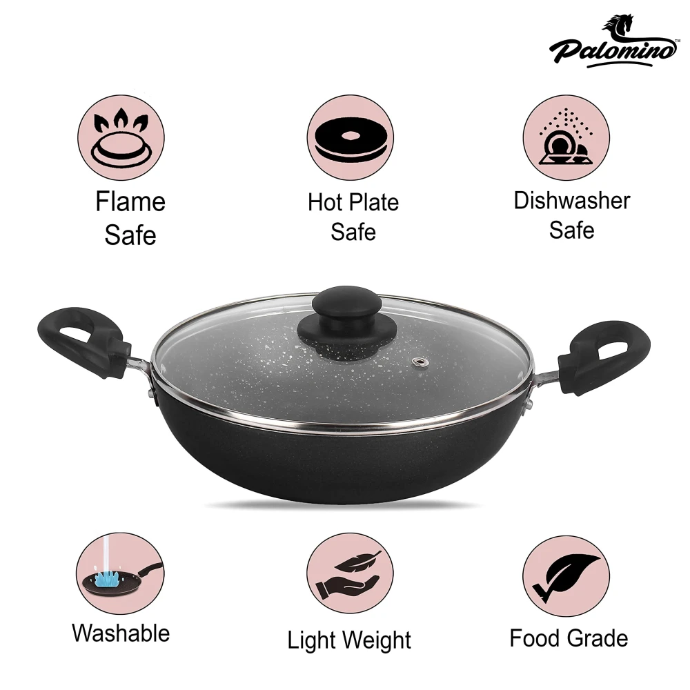 Palomino Non-Stick Aluminium Cookware Set of Fry Pan, Tawa/Griddle and Kadhai/Wok with Glass Lid (Black, Set of 4, Non- Induction Base)