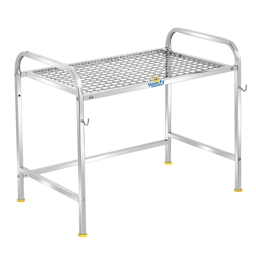 Homify Kitchen Microwave Shelf, Microwave Stand Kitchen Counter Shelf Organizer, Spicy Shelf Rack Toaster Organizer, Microwave Oven Rack, 1 Tiers with 2 Hooks (58 x 38 x 8 cm)