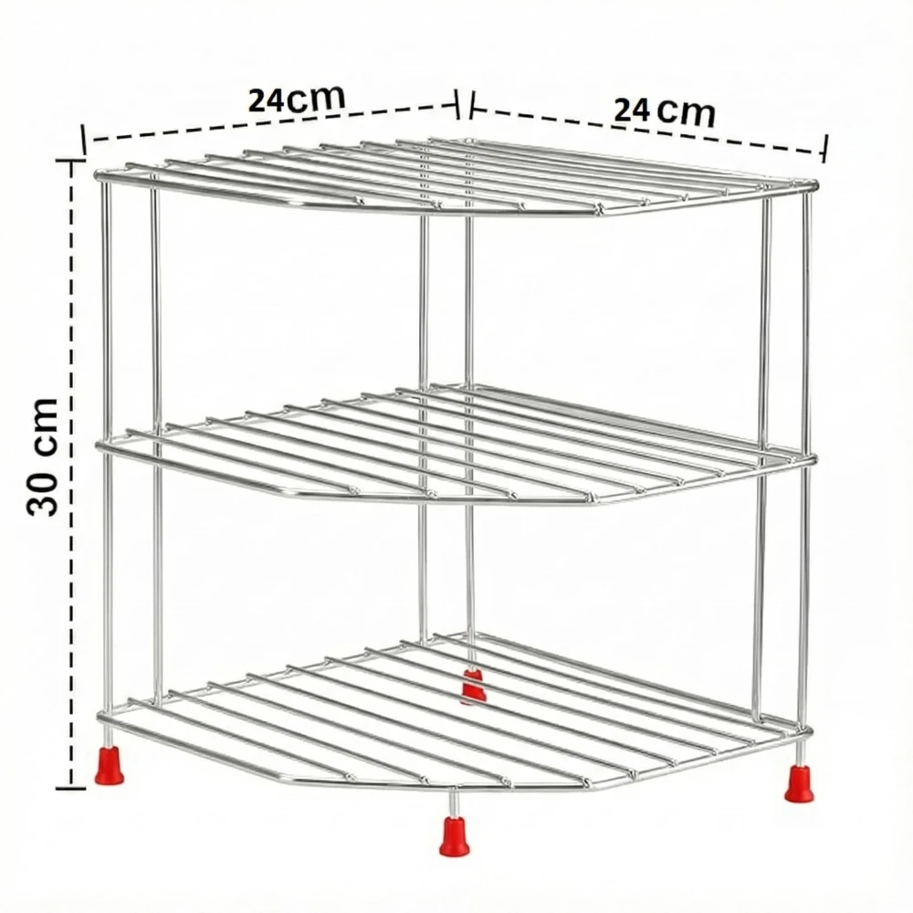 Palomino 3-Tier Stainless Steel Kitchen Organizer Rack Corner Shelf Rack for Kitchen Storage | Plate & Bowl Holder | Kitchen Steel Rack Stand for Sink, Slab, and Cabinet,Free Standing