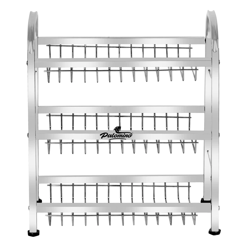 Palomino Stainless Steel Plate Rack | Dish Rack | Plate/Dish Stand | Utensil Rack | Chrome Plated Kitchen Rack | Dish Organizer/Holder | Thali/Tray Stand (18X15 Inch 3 Layer Dish rack)