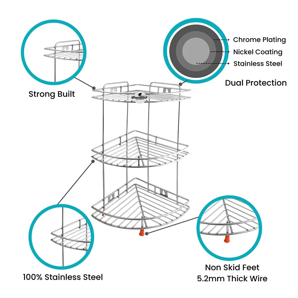 Palomino 3 Shelf Corner Rack Stainless Steel Corner Rack Shelf for Kitchen Corner Shelf Rack for Bathroom (30x30x45 Cm)