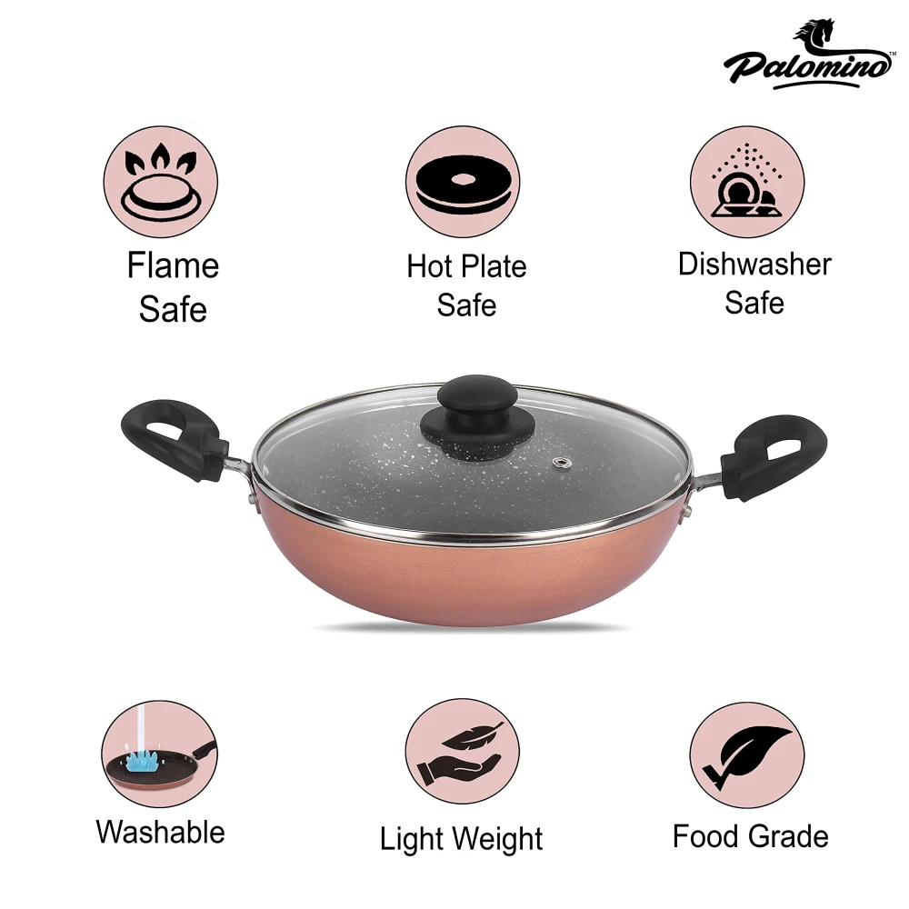 Palomino Induction Base Non-Stick Aluminium Cookware Set of Fry Pan, Tawa/Griddle and Kadhai/Wok with Glass Lid (Copper-Color, Set of 4)