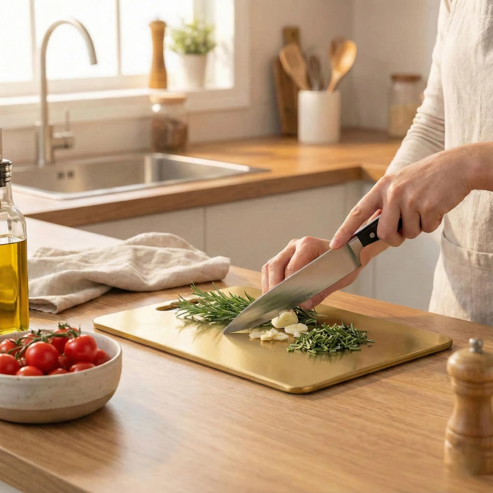 HOMIFY Stainless Steel Chopping Board for Kitchen | Heavy-Duty Cutting Board for Vegetables, Fruits, Meats | Vegitable Chopper Boards | Premium Metal Chopping Board | Size-Medium (31x21cm)-Gold