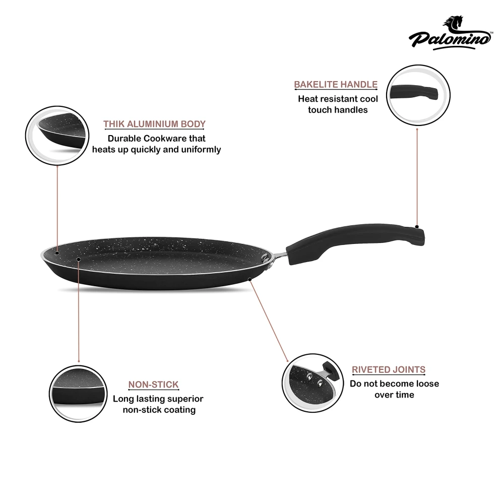 Palomino Induction Base Non-Stick Aluminium Cookware Set of Fry Pan, Tawa/Griddle and Kadhai/Wok with Glass Lid (Black, Set of 4)