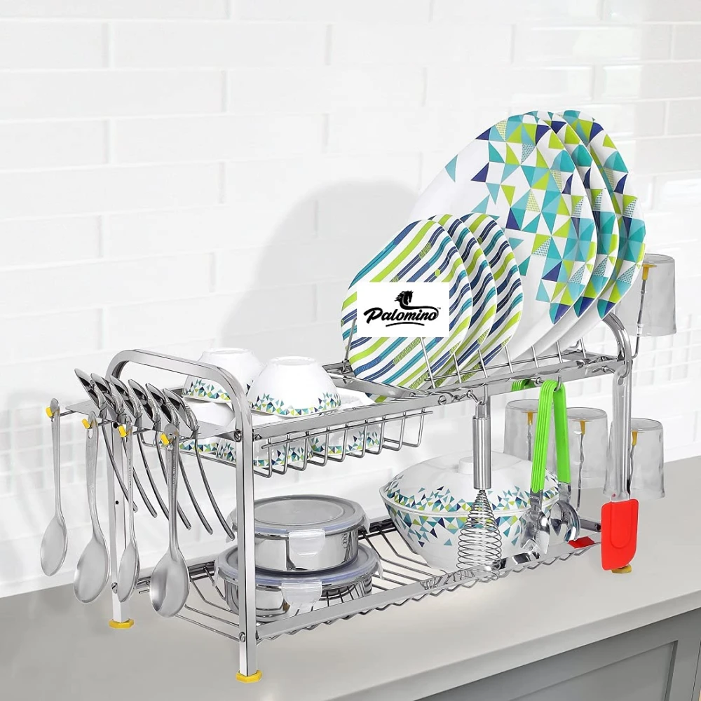 Palomino 2 Layer Stainless Steel Wall Mount Kitchen Dish Rack Plate Cutlery Stand (12 x 21 inch, Silver)
